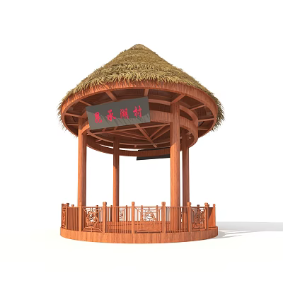 Traditional Round Wooden Pavilion Featuring Thatched Roof Wooden Railings And Columns 3d model