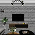 Modern Minimalist Living Dining Room Interior With White Brick Wall TV And Wooden Stand