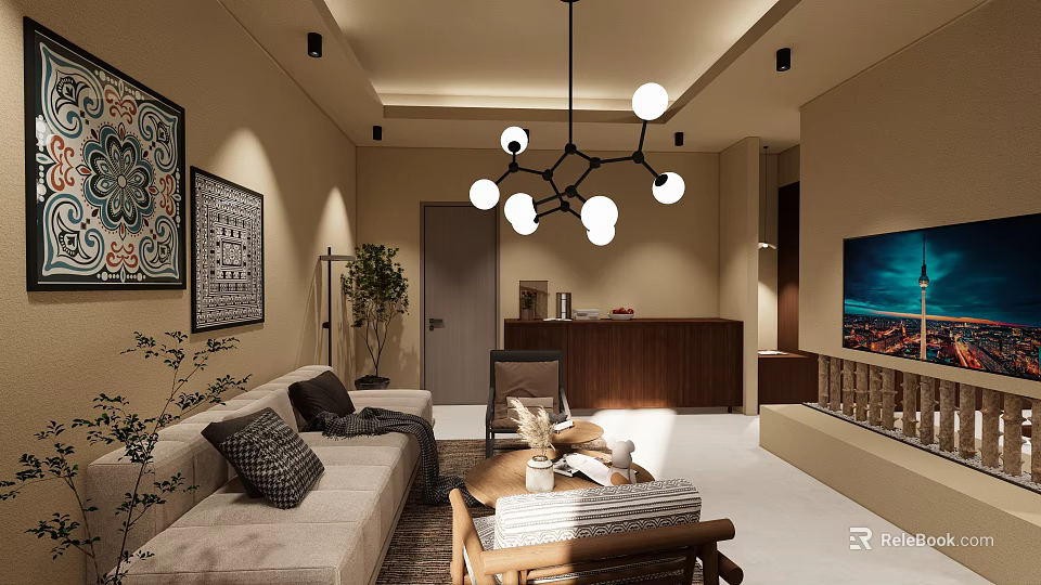 Elegant Hotel Guest Room With Modern Chandelier Sofa Coffee Table And Decorative Paintings 3d model 