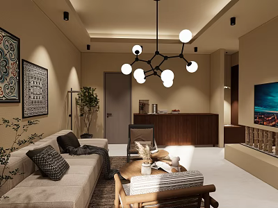 Elegant Hotel Guest Room With Modern Chandelier Sofa Coffee Table And Decorative Paintings 3d model