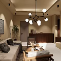Elegant Hotel Guest Room With Modern Chandelier Sofa Coffee Table And Decorative Paintings