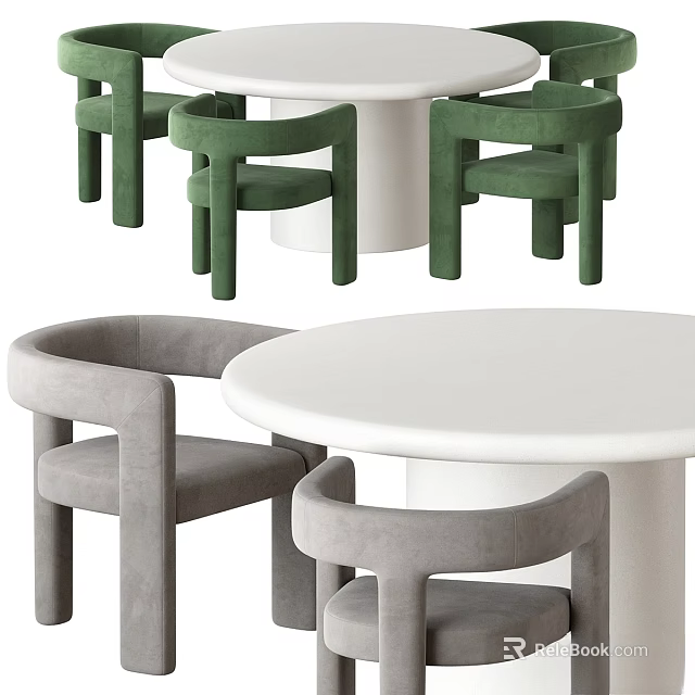Stylish Round Table With Comfortable Green And Grey Chairs Set 3d model 