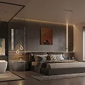 Modern Luxury Bedroom Bathroom Interior With Bed Toilet Glass Partition And Artwork