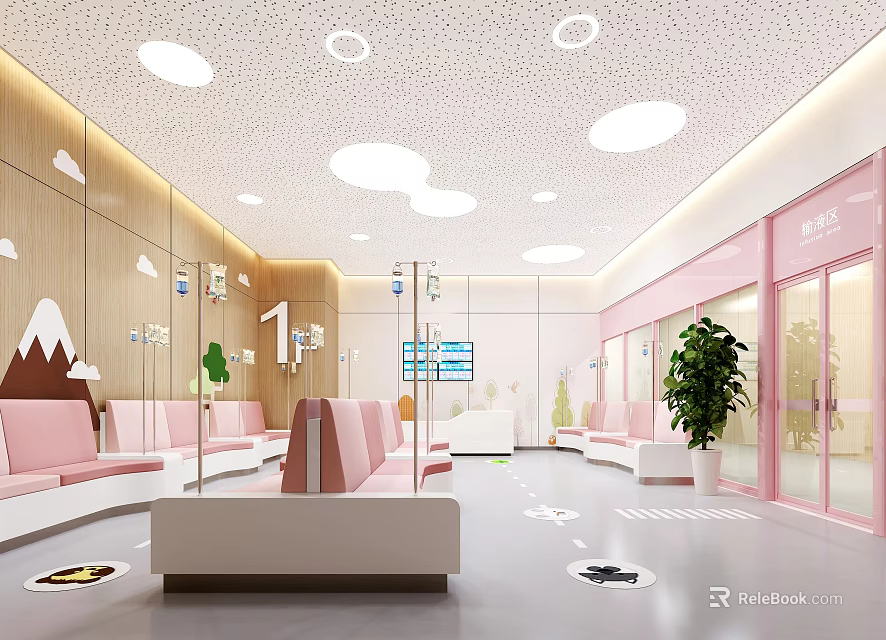 Medical Waiting Area With Pink Seats Wooden Walls And Round Ceiling Lights 3d model 