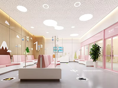 Medical Waiting Area With Pink Seats Wooden Walls And Round Ceiling Lights 3d model
