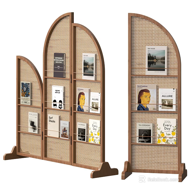 Wooden Screen With Wicker Panels Displaying Artworks 3d model