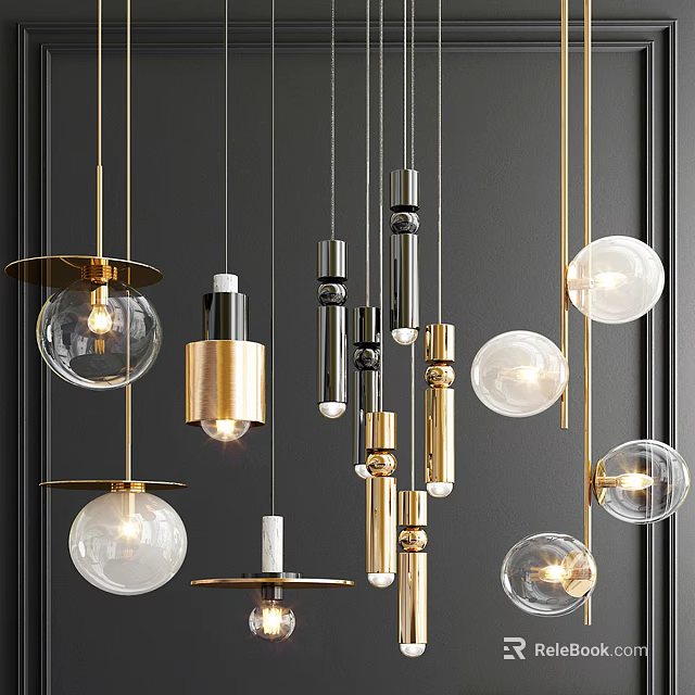 Modern Pendant Lights with Gold Black Accents and Glass Spherical Cylindrical Shapes 3d model 