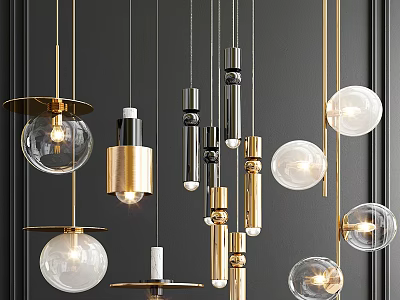 Modern Pendant Lights with Gold Black Accents and Glass Spherical Cylindrical Shapes 3d model