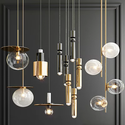 Modern Pendant Lights with Gold Black Accents and Glass Spherical Cylindrical Shapes 3d model