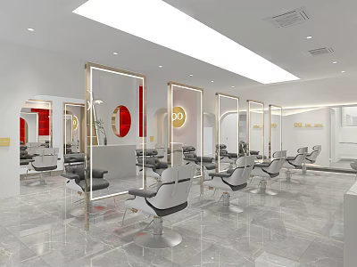 Modern Hair Salon Interior With Styling Chairs Mirrors And Marble Floor Red Accents 3d model