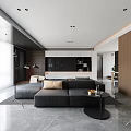Modern Open Living Dining Room Interior With Black Sofa Beige Accent Chair Floor Lamp And Large Windows