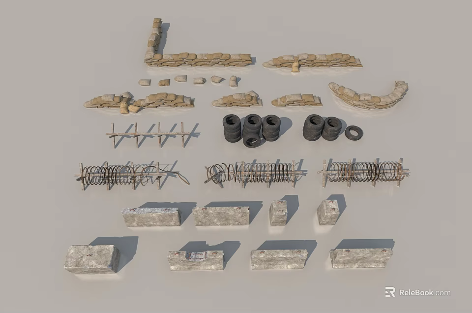 Road Infrastructure Components Including Stone Blocks Metal Brackets And Concrete Structures 3d model