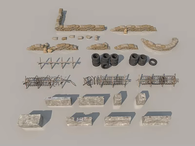 Military barricade sandbag barbed wire barrier tire cement pier defense fortress 3d model
