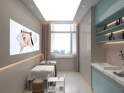 Luxury Modern SPA Sauna Room With Massage Bed City View Blue Cabinets And Skincare Products 3d model