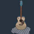 Artistic Acoustic Guitars Display With Hand-Painted Artwork And Colorful Frames On Wooden Surface