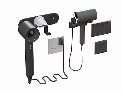 Modern Black Hair Dryer Wall Mounted Holder With Power Socket And Switch 3d model