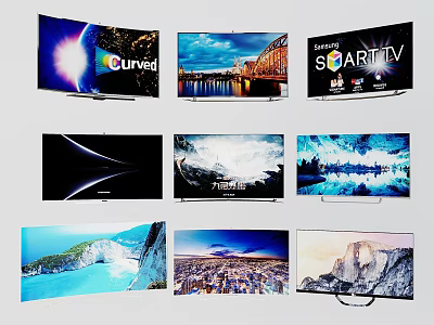 Various Curved Smart TVs With Scenic Ocean City And Mountain Screen Displays 3d model