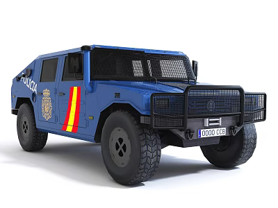 Blue Police Off Road Vehicle with Yellow Red Stripes Front Grille Guard and Large Tires 3d model