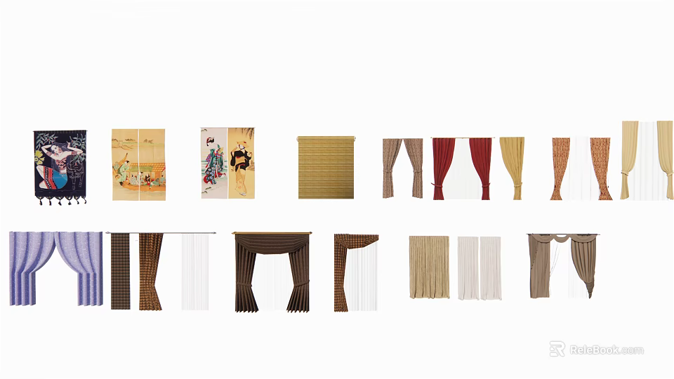 Various Curtain Styles With Different Colors And Patterns For Home Decoration 3d model