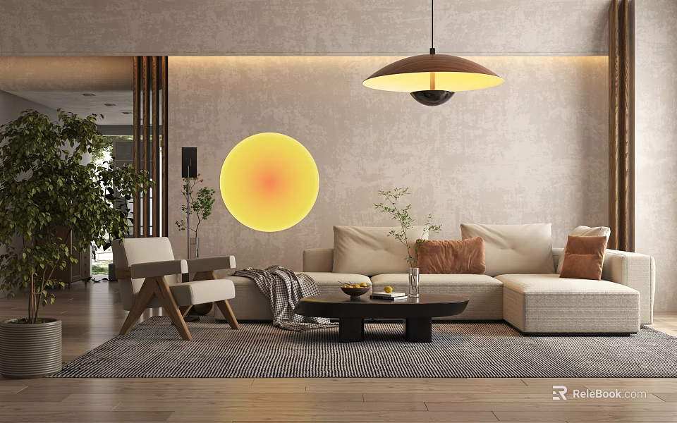 Beige Sofa And Coffee Table Set With Throw Pillows Circular Wall Decor And Pendant Light 3d model 