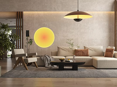 Beige Sofa And Coffee Table Set With Throw Pillows Circular Wall Decor And Pendant Light 3d model