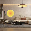Beige Sofa And Coffee Table Set With Throw Pillows Circular Wall Decor And Pendant Light