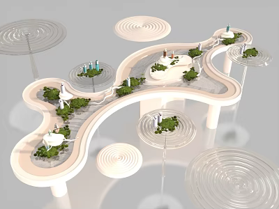 Modern Curved Functional Table with Green Plants and Circular Design Elements 3d model