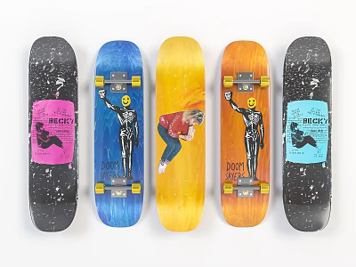 Unique Colorful Skateboard Decks with Various Graphics and Different Vibrant Colors 3d model