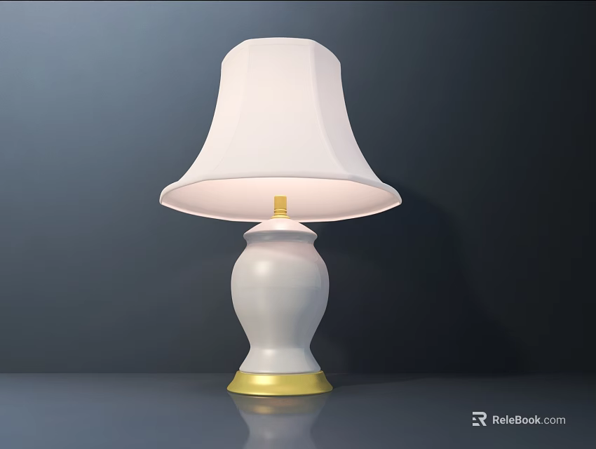 White Table Lamp With White Lampshade And Golden Base Trim On Dark Background 3d model 