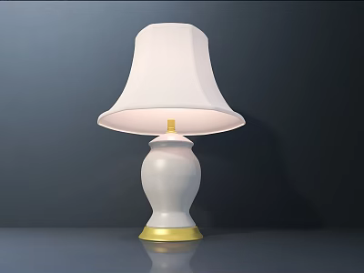 White Table Lamp With White Lampshade And Golden Base Trim On Dark Background 3d model
