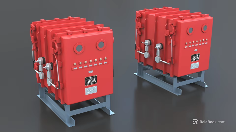 Red Industrial Control Panels with Metal Stands Control Buttons Instrument Gauges and Pipeline Connections 3d model 