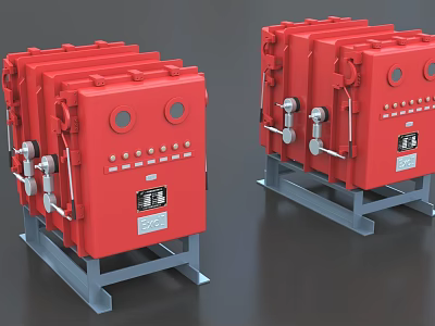 Red Industrial Control Panels with Metal Stands Control Buttons Instrument Gauges and Pipeline Connections 3d model