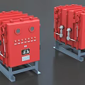 Red Industrial Control Panels with Metal Stands Control Buttons Instrument Gauges and Pipeline Connections