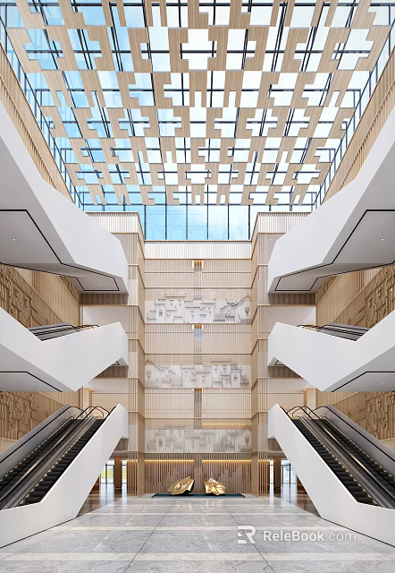 Shopping Mall Lobby With Modern Glass Skylight Escalators Wooden Decor And Chandeliers 3d model 