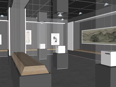 Cultural Center Exhibition Hall Interior With Traditional Art Paintings Display Cases And Wooden Benches 3d model