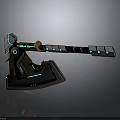Futuristic Tech Inspired Axe With Metallic Geometric Design Yellow Blue Glowing Accents