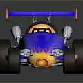 Blue Race Car With Orange Flame Graphics Yellow Seat And Rear Wing