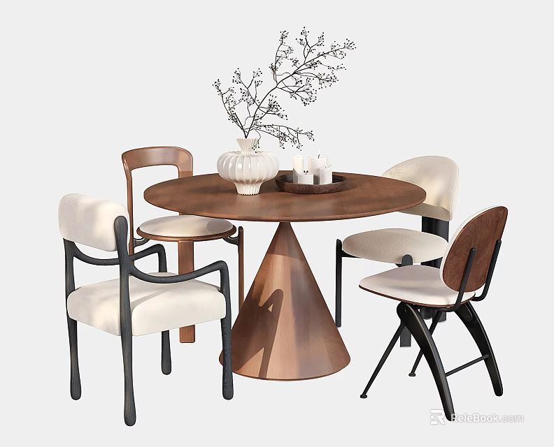 Round Wooden Dining Table With Four Chairs White Cushioned Seats And Decorative Vase With Dried Branches 3d model 