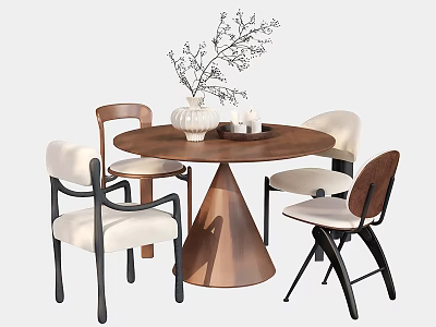 Round Wooden Dining Table With Four Chairs White Cushioned Seats And Decorative Vase With Dried Branches 3d model