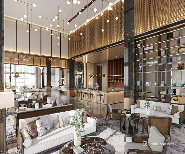 Modern Elegant Open Concept Lounge Area With Sofas Coffee Tables Pendant Lights Bookshelves Bar Counter 3d model 