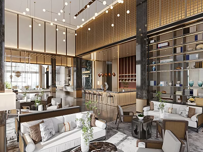 Modern Elegant Open Concept Lounge Area With Sofas Coffee Tables Pendant Lights Bookshelves Bar Counter 3d model