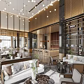 Modern Elegant Open Concept Lounge Area With Sofas Coffee Tables Pendant Lights Bookshelves Bar Counter