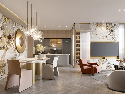 Elegant Modern Dining Living Room With Chandelier Dining Table Chairs TV And Sofa 3d model