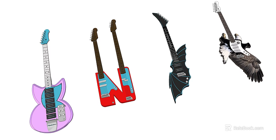 Diverse Musical Instruments and Art Supplies Collection Featuring Colorful Guitar Designs and Art Tools 3d model 