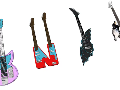 Diverse Musical Instruments and Art Supplies Collection Featuring Colorful Guitar Designs and Art Tools 3d model