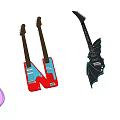 Diverse Musical Instruments and Art Supplies Collection Featuring Colorful Guitar Designs and Art Tools