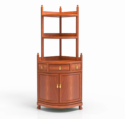 Elegant Traditional Wooden Corner Cabinet With Drawers Shelves And Golden Handles 3d model