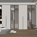 Modern Walk-in Closet Interior With Glass Door Cabinets Open Shelves And Seating Area
