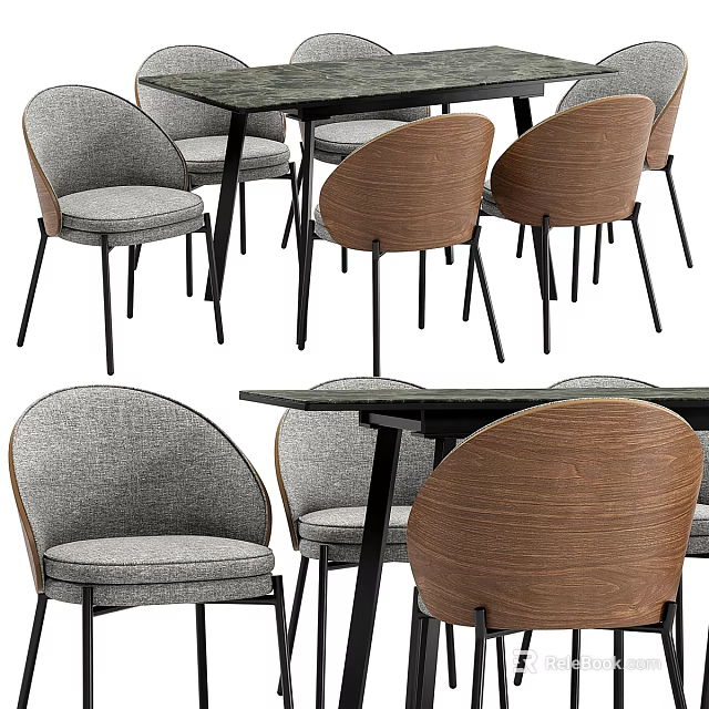Modern Table And Chair Combination With Wooden Backrest Chairs And Upholstered Seats 3d model 