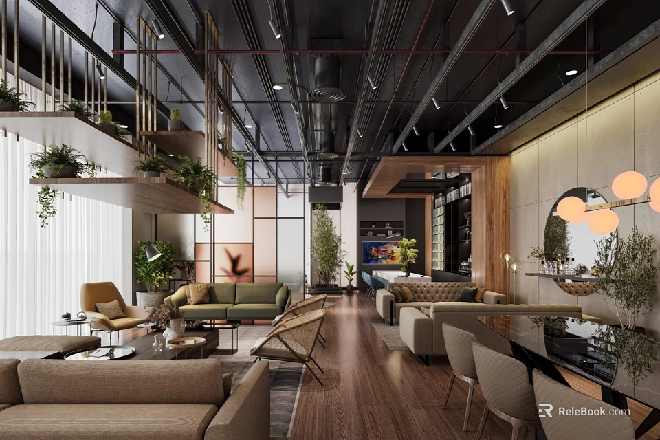 Modern Hotel Public Lounge Area With Green Plants Comfortable Sofas And Wooden Floors 3d model 